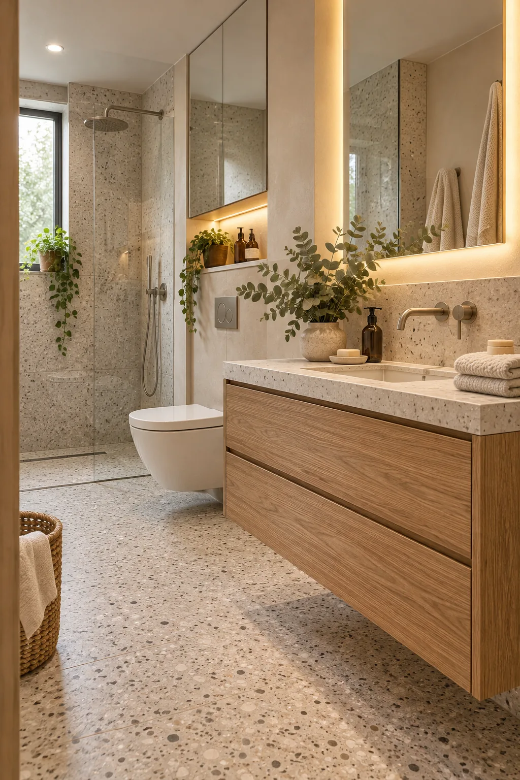 Warm LED backlighting glowing behind a bathroom mirror over an oak vanity.