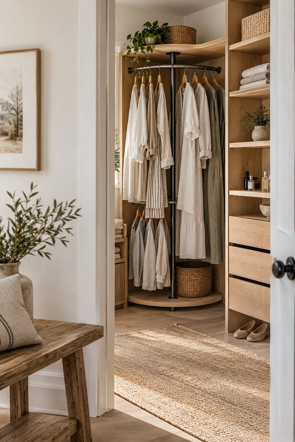 Rotating corner carousel in a closet with clothes