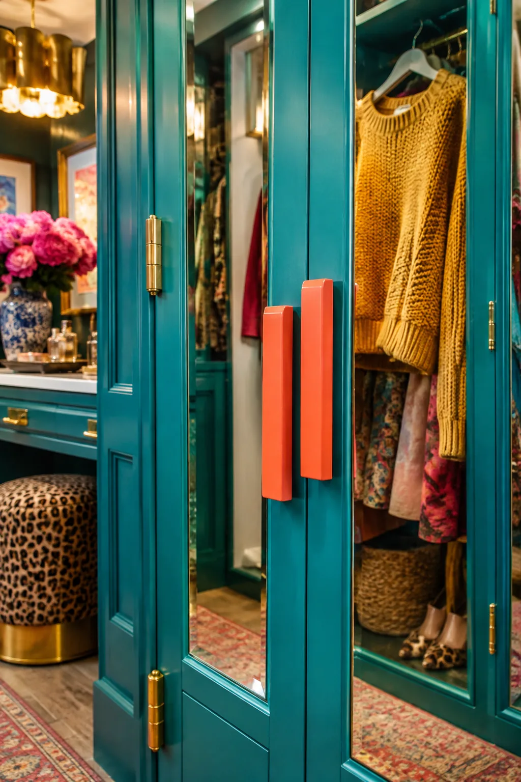 Mirrored cabinet doors in a narrow closet space