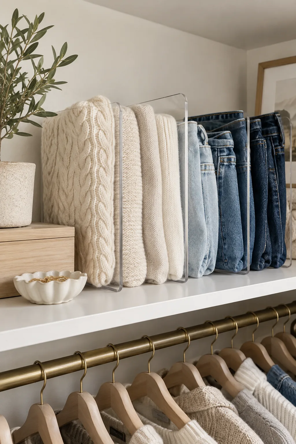 Clear acrylic dividers separating folded sweaters on a shelf