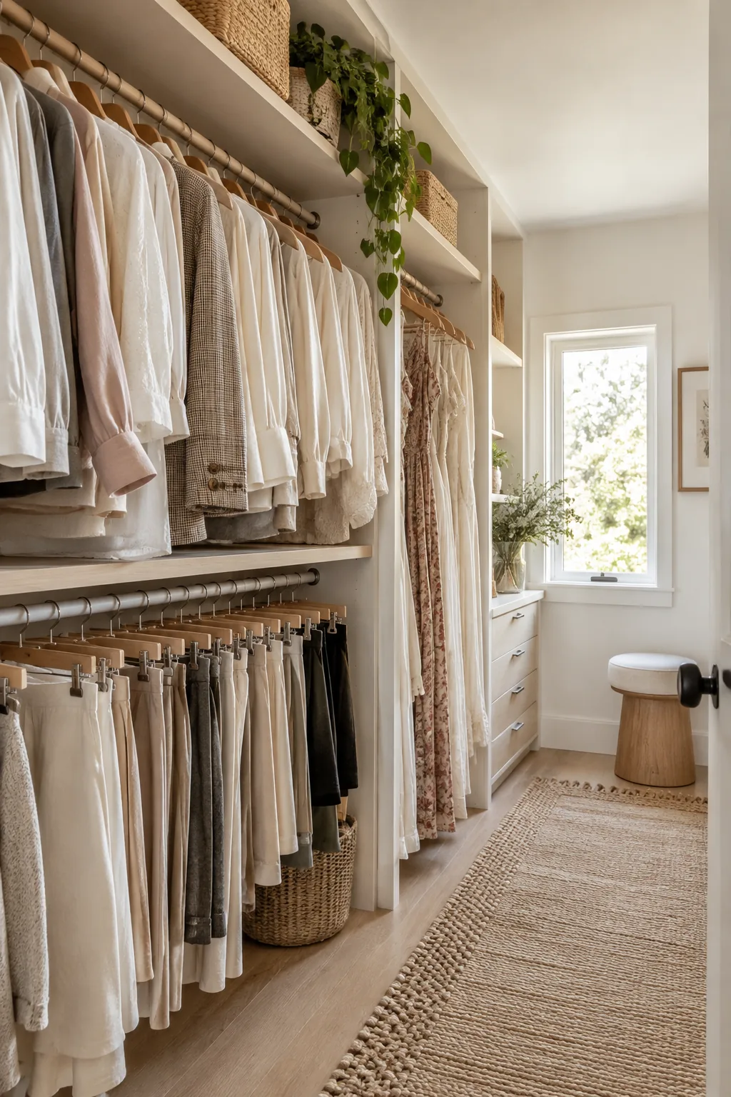 Double hanging rods with shirts on top and pants below
