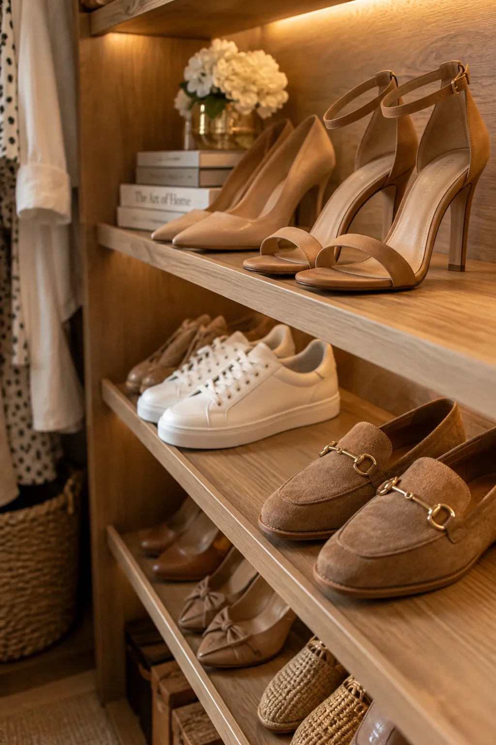 Tilted shoe shelves displaying high heels and sneakers