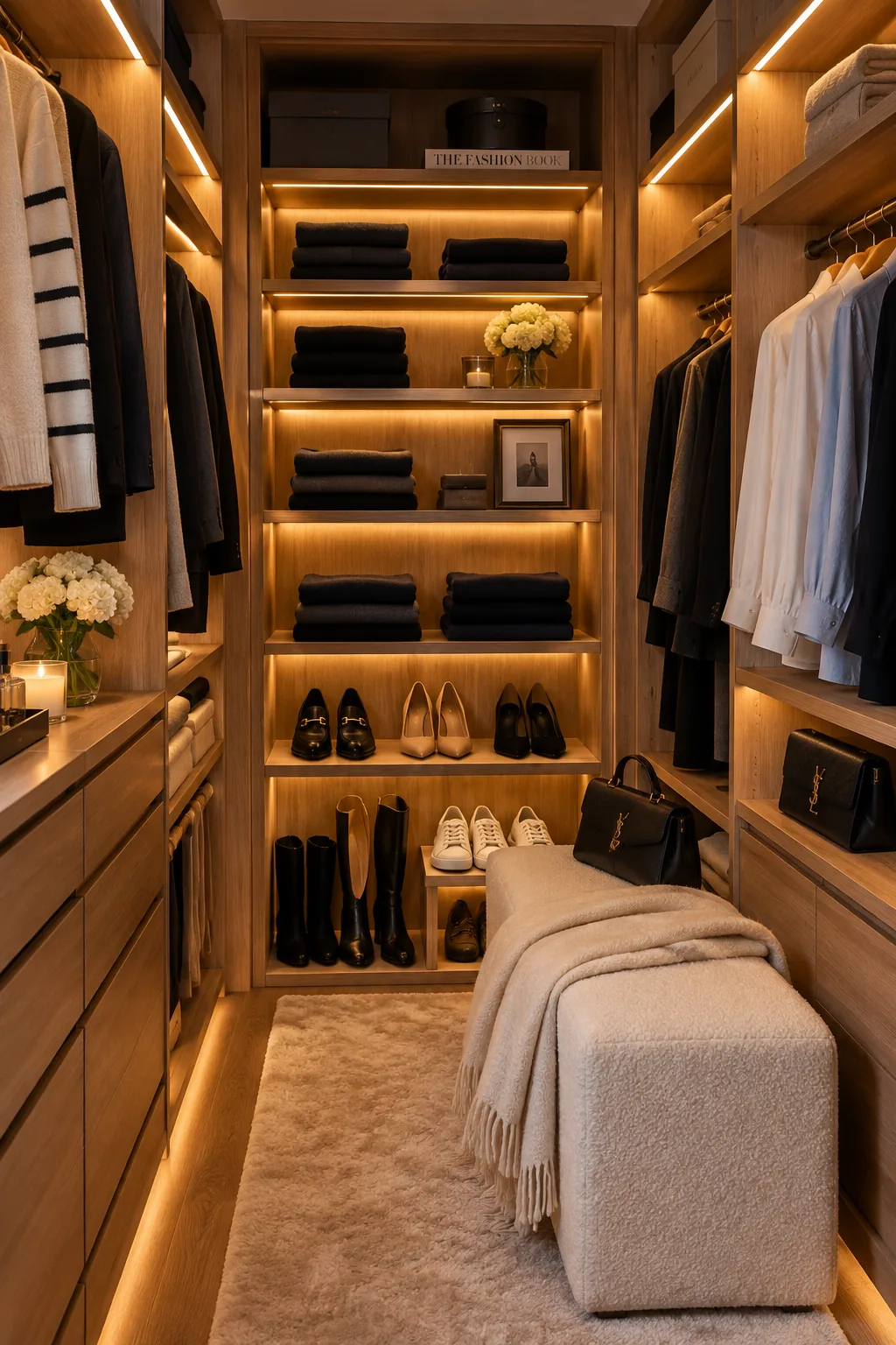 LED strip lighting illuminating closet shelves
