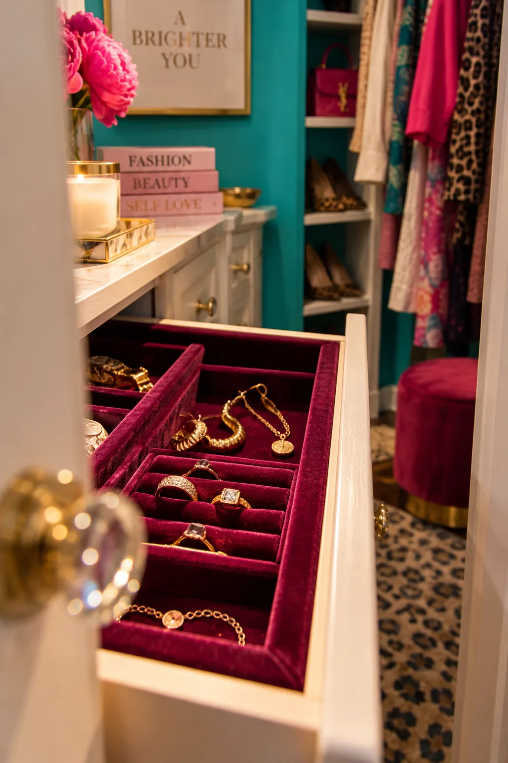 Velvet jewelry organizer inside a shallow closet drawer