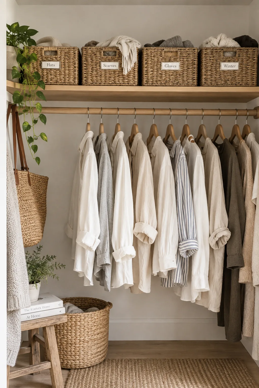 Matching woven baskets lined up on a top closet shelf