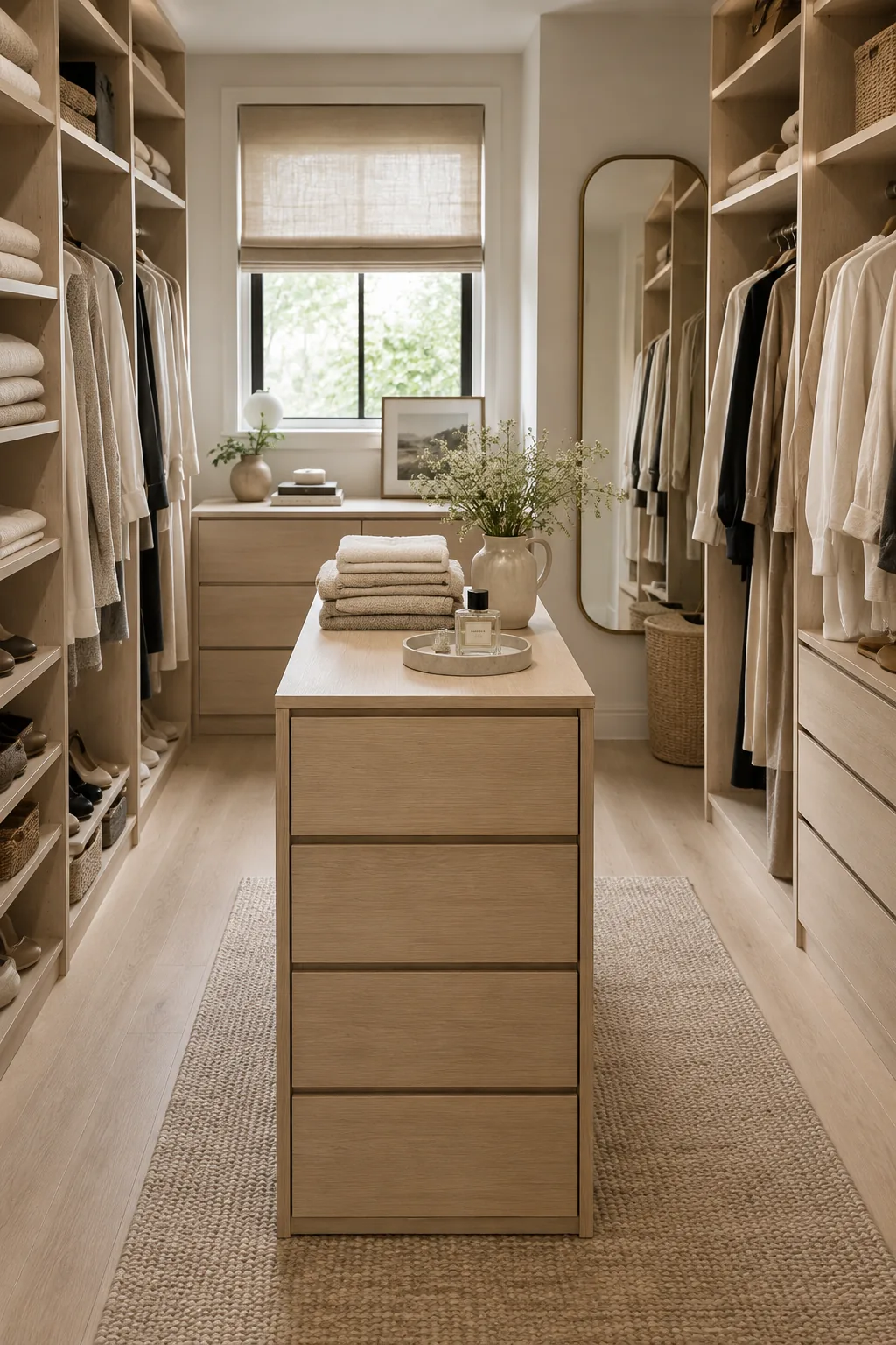Narrow wooden island dresser in the center of a closet