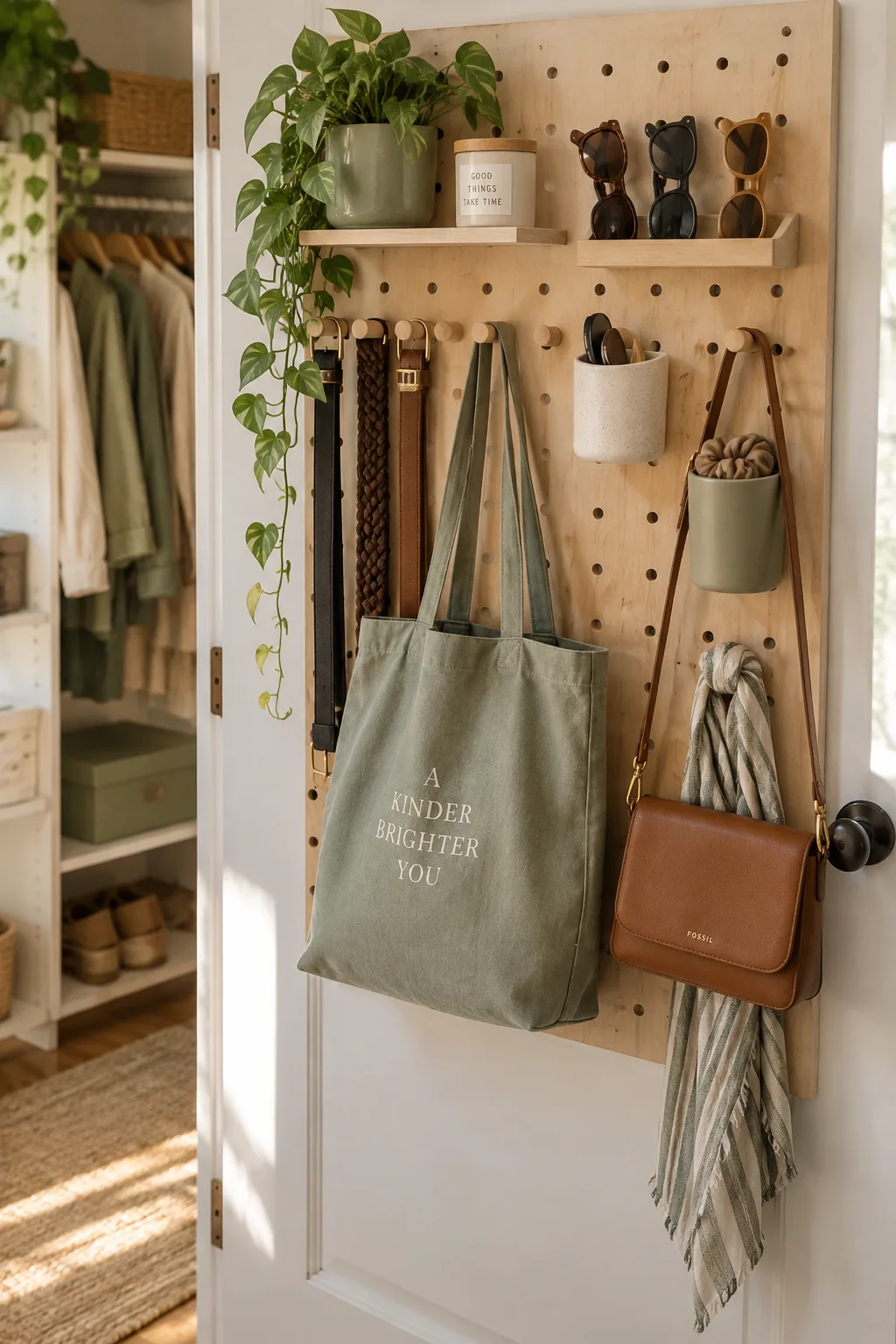 Pegboard mounted behind a door holding sunglasses and belts