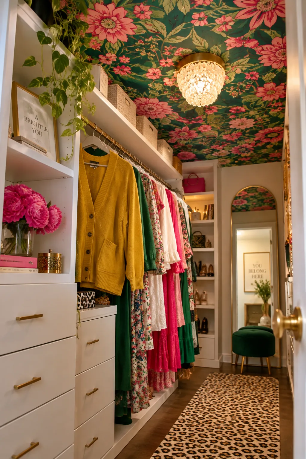Bold floral wallpaper on the ceiling of a closet