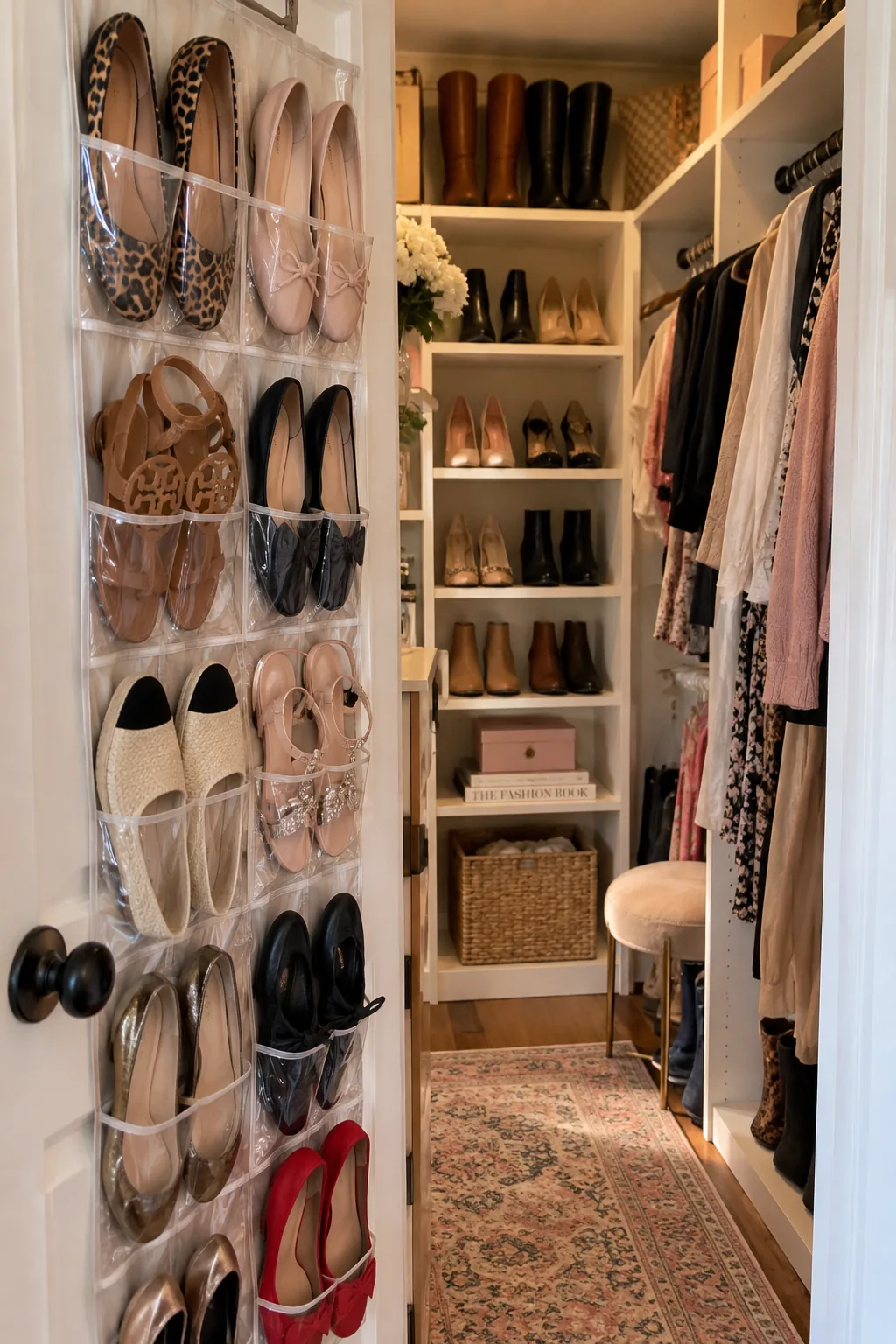 Clear pocket shoe organizer hanging over a closet door