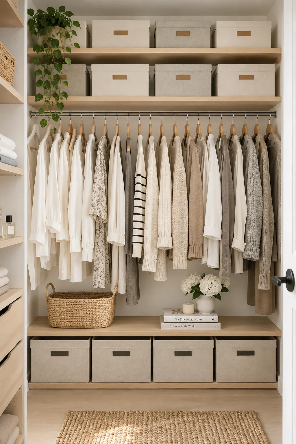 Matching gray fabric storage boxes on a top shelf