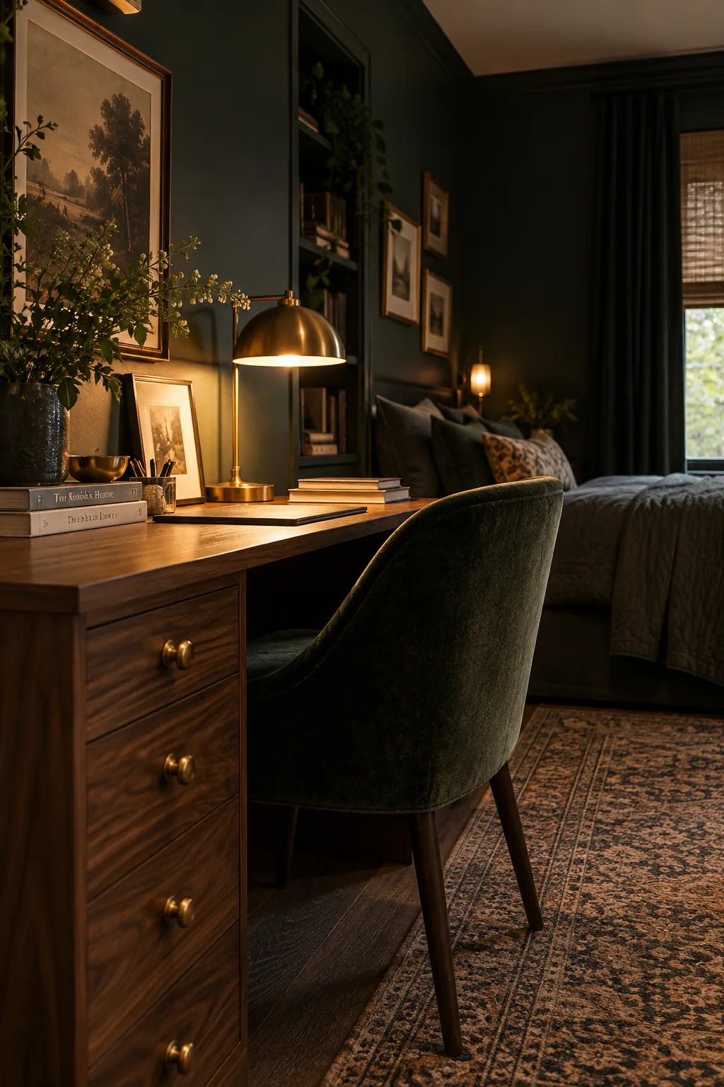 Dark green office bedroom with a wooden desk and brass accents