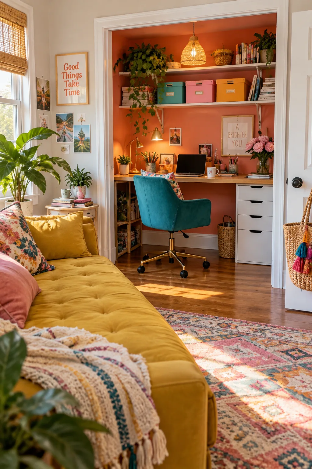 Closet converted into a small desk area with wood shelves