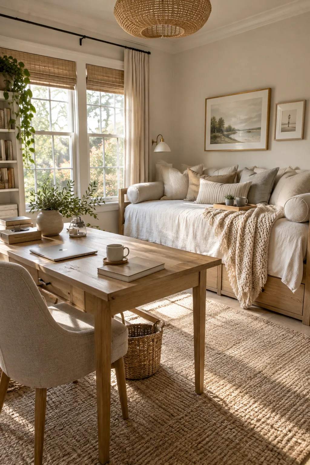 Twin daybed styled like a sofa next to a desk