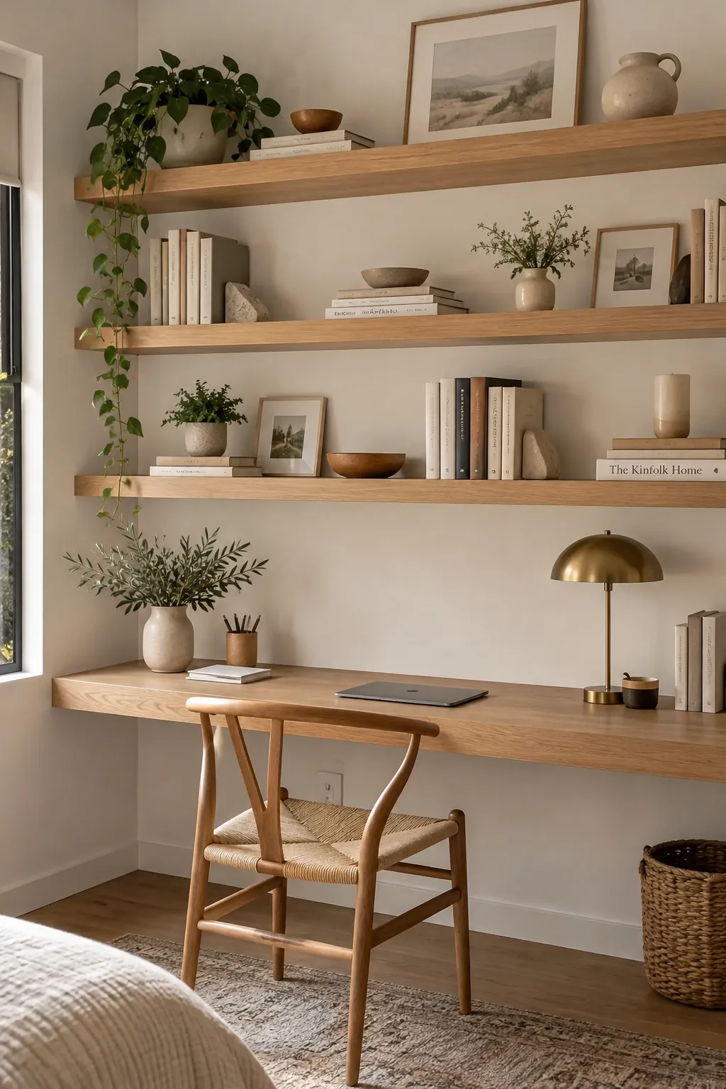 Wall-to-wall floating shelves above a minimal white desk