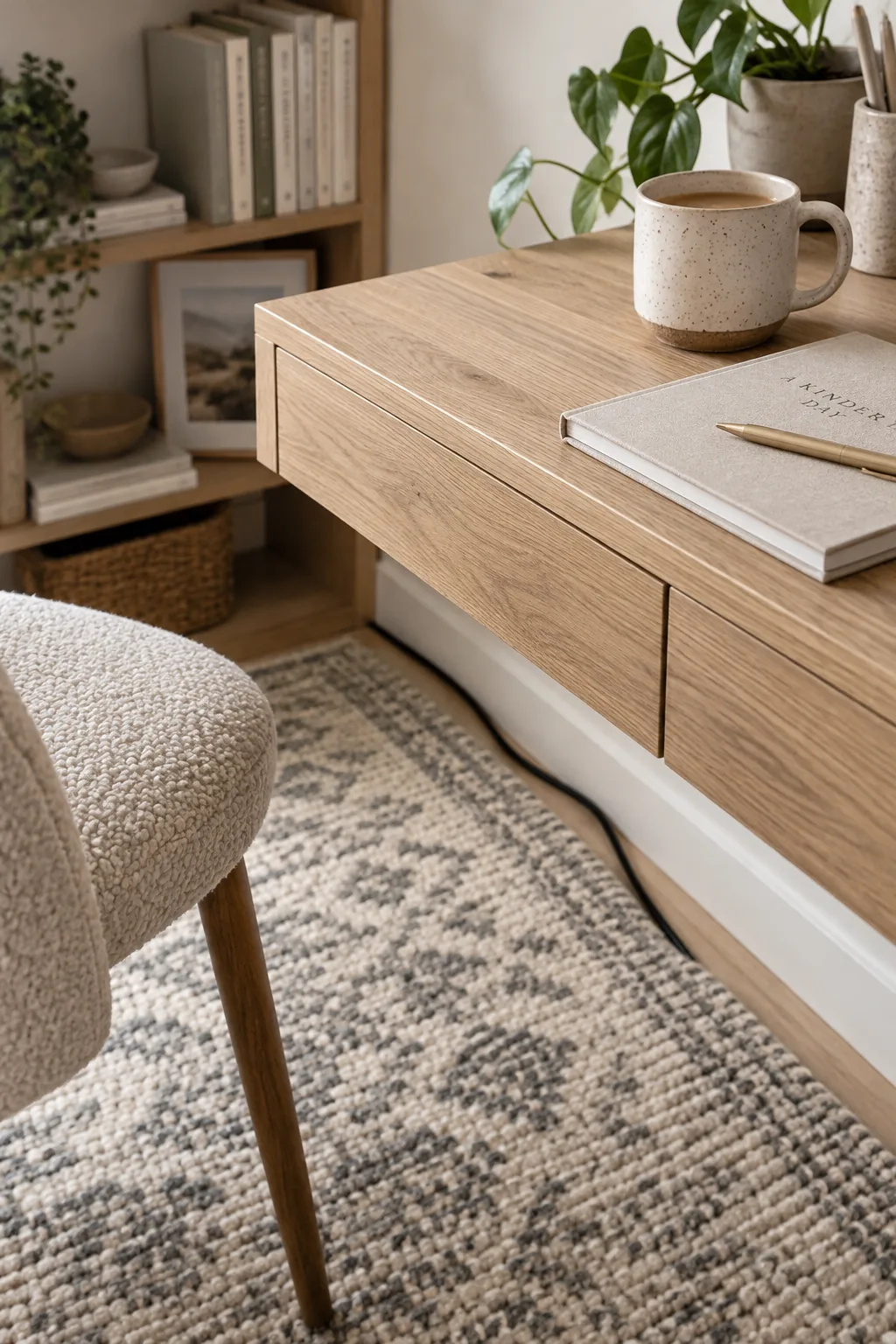 Desk floating in the center of the room facing the door
