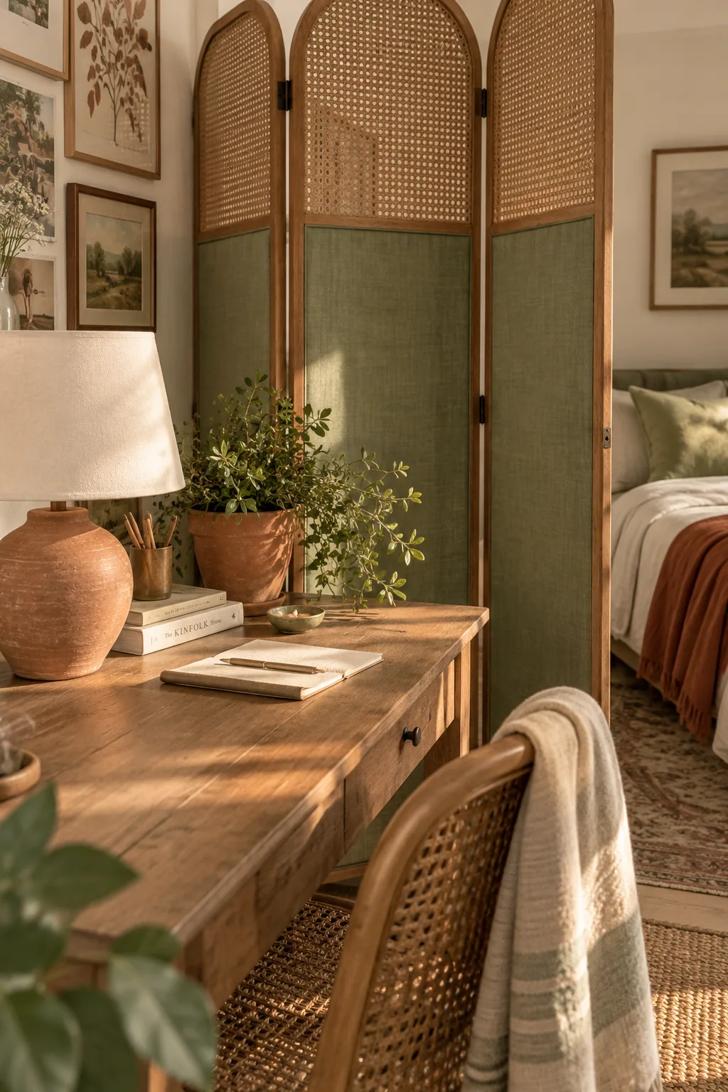 Rattan folding screen separating a desk from a guest bed