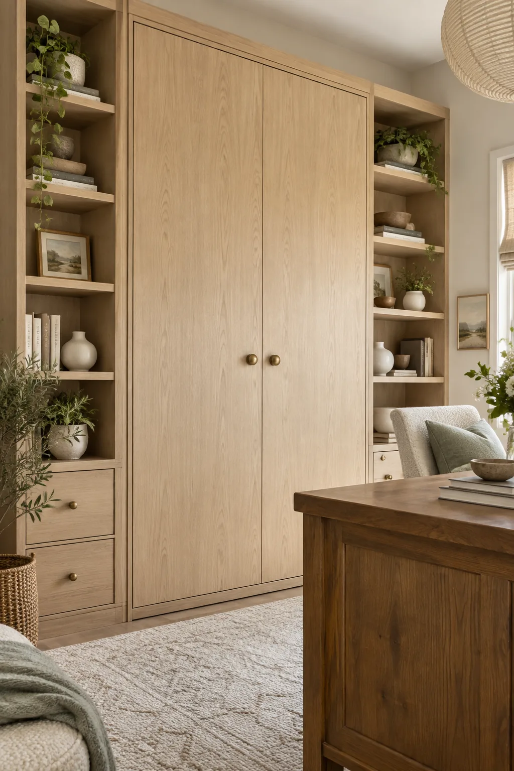 Closed Murphy bed with bookcases next to a large desk