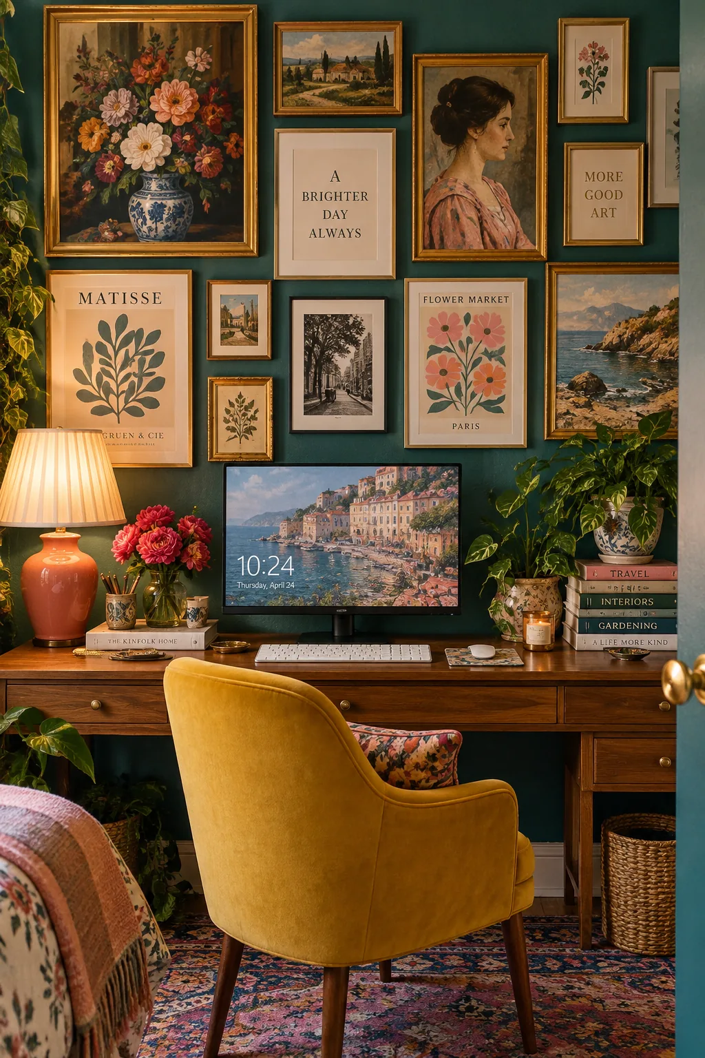 Gallery wall of vintage art above a computer monitor