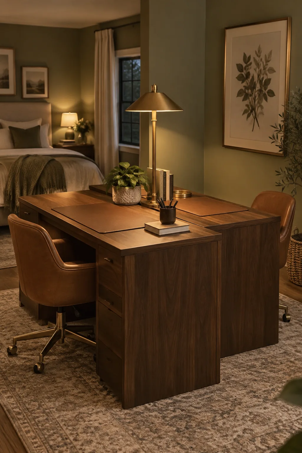 Two identical desks placed back-to-back in the center of a room