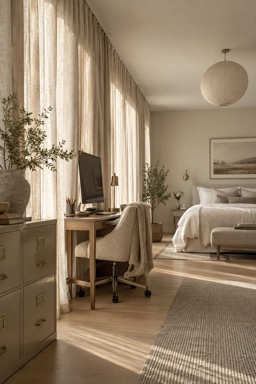 Wall-to-wall linen curtains behind a modern desk