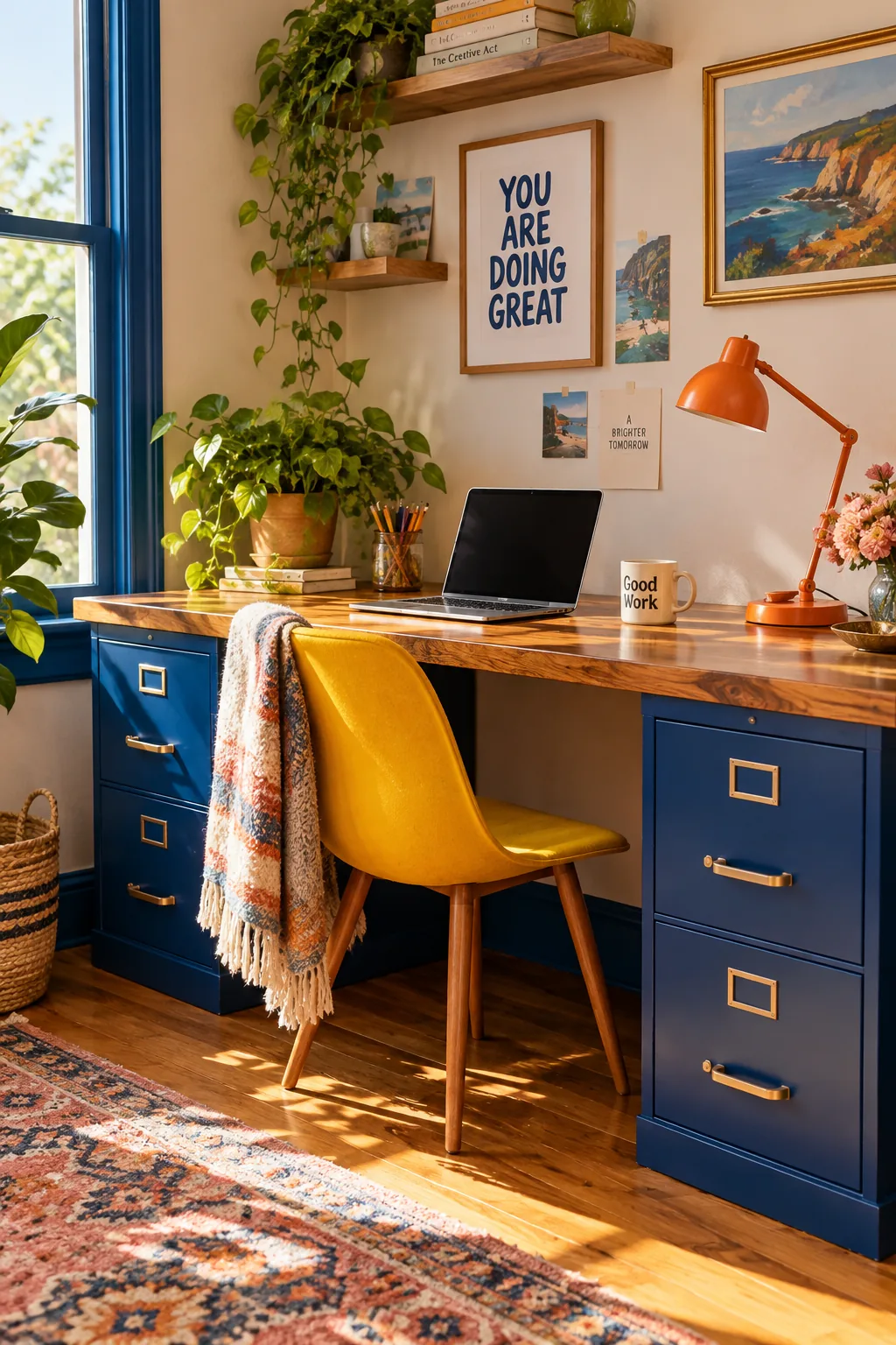 Wood slab resting on two painted filing cabinets