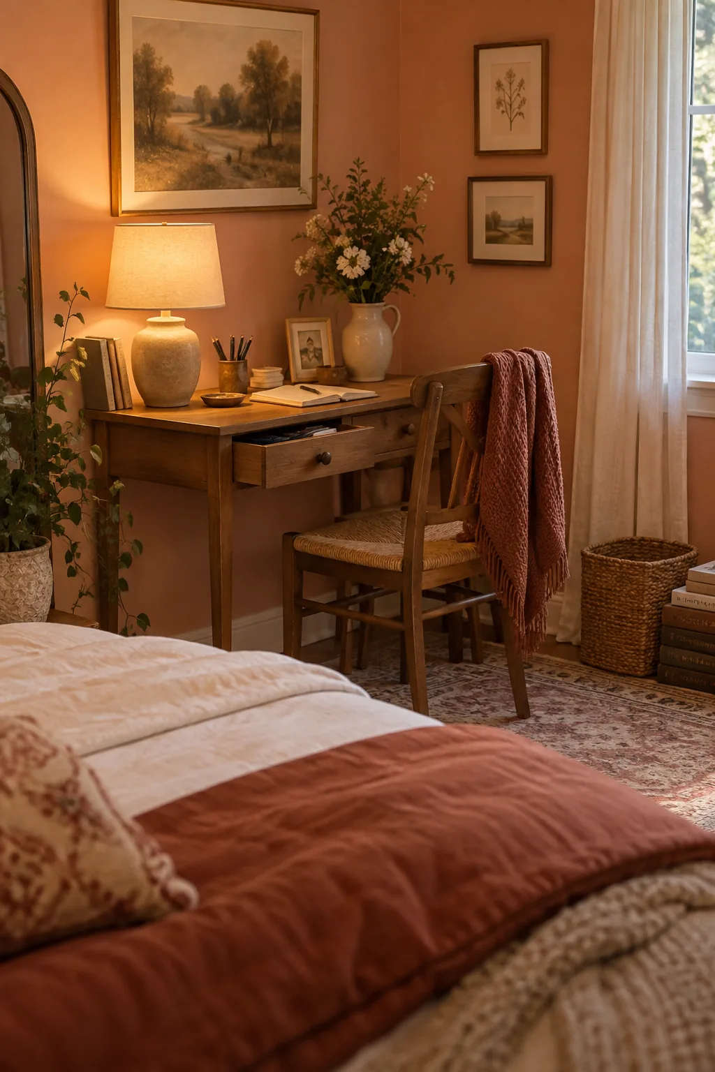 Small desk acting as a nightstand next to a bed