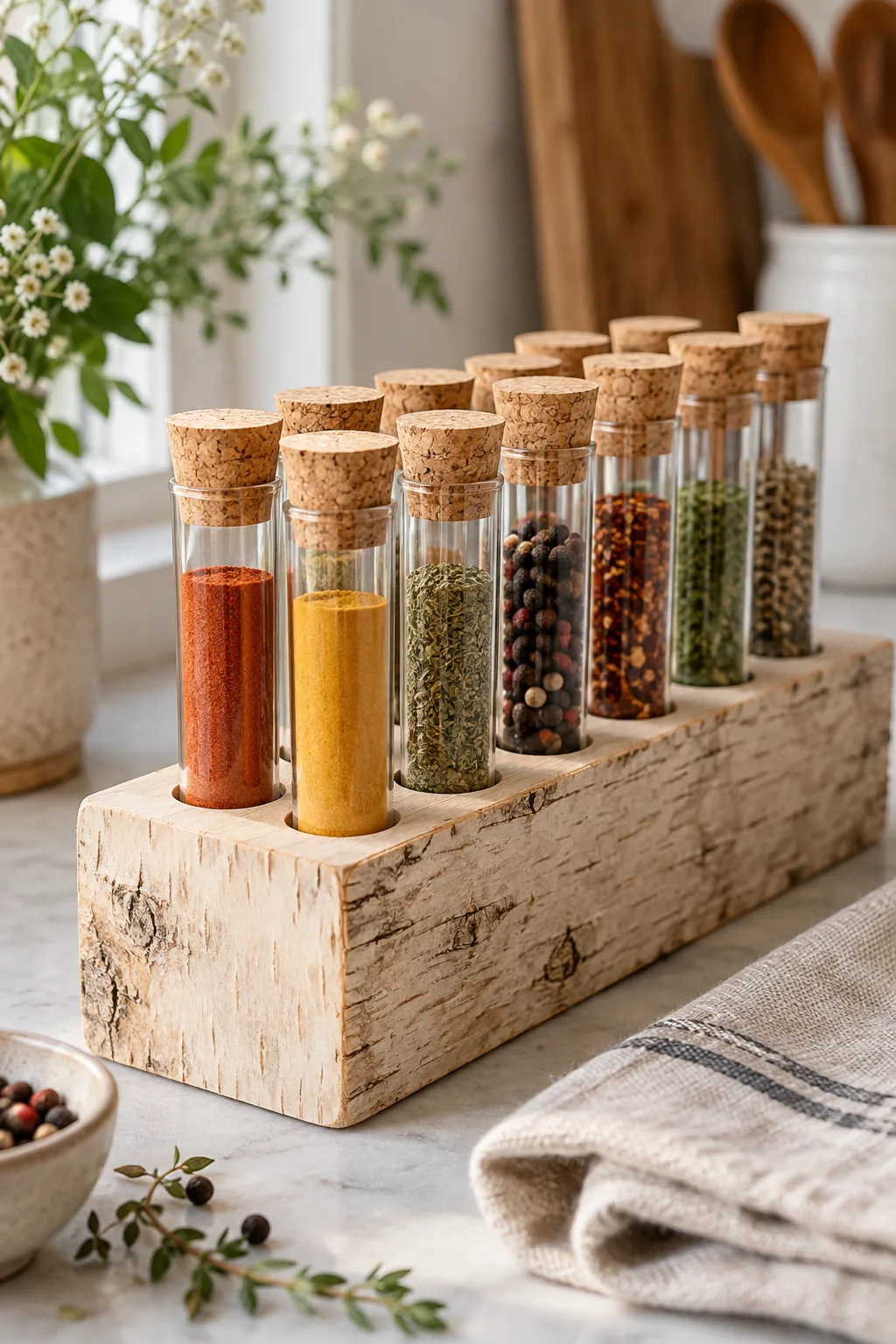 Wooden block holding glass test tubes filled with colorful spices
