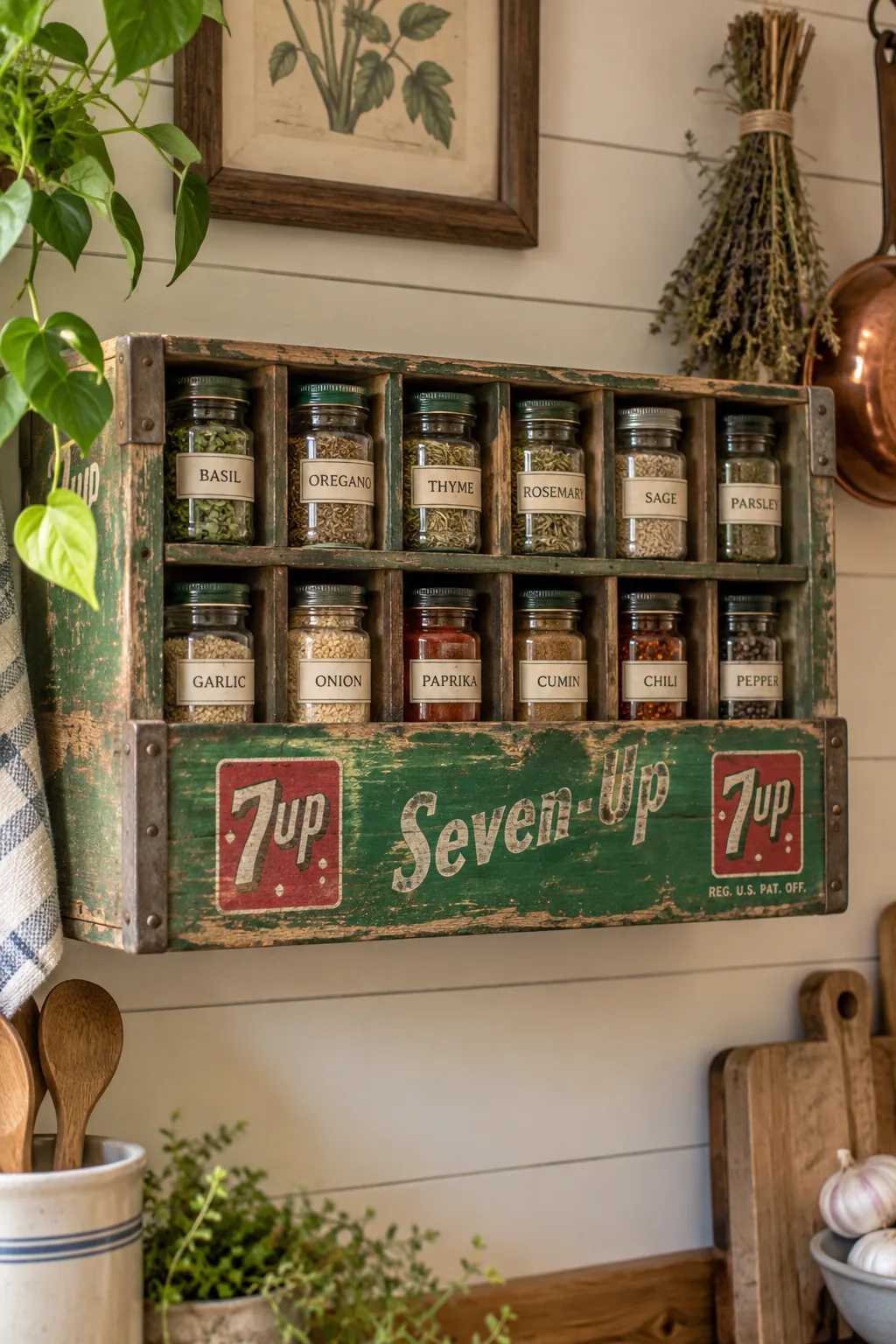 Old wooden soda crate mounted on a kitchen wall holding spice jars