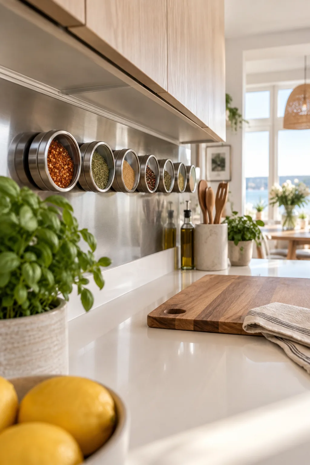 Magnetic spice tins stuck to a metal board under kitchen cabinets