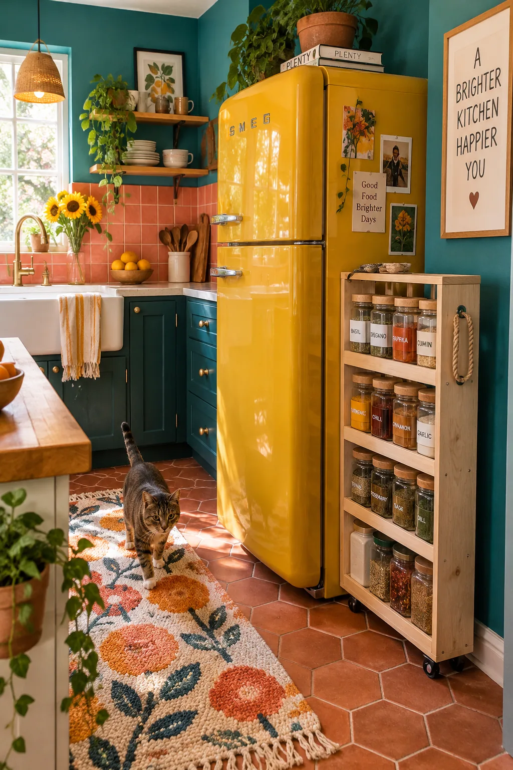 Tall narrow wooden cart with wheels pulled out from beside a refrigerator holding spices