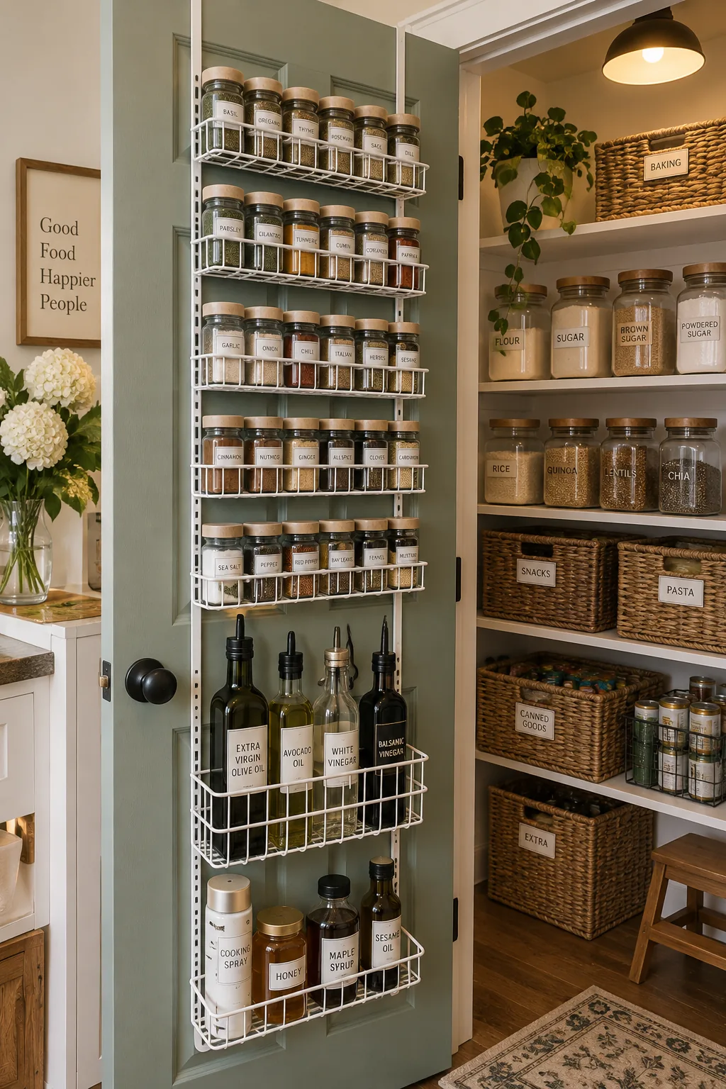 White wire shelving rack hanging on the inside of a pantry door filled with spices