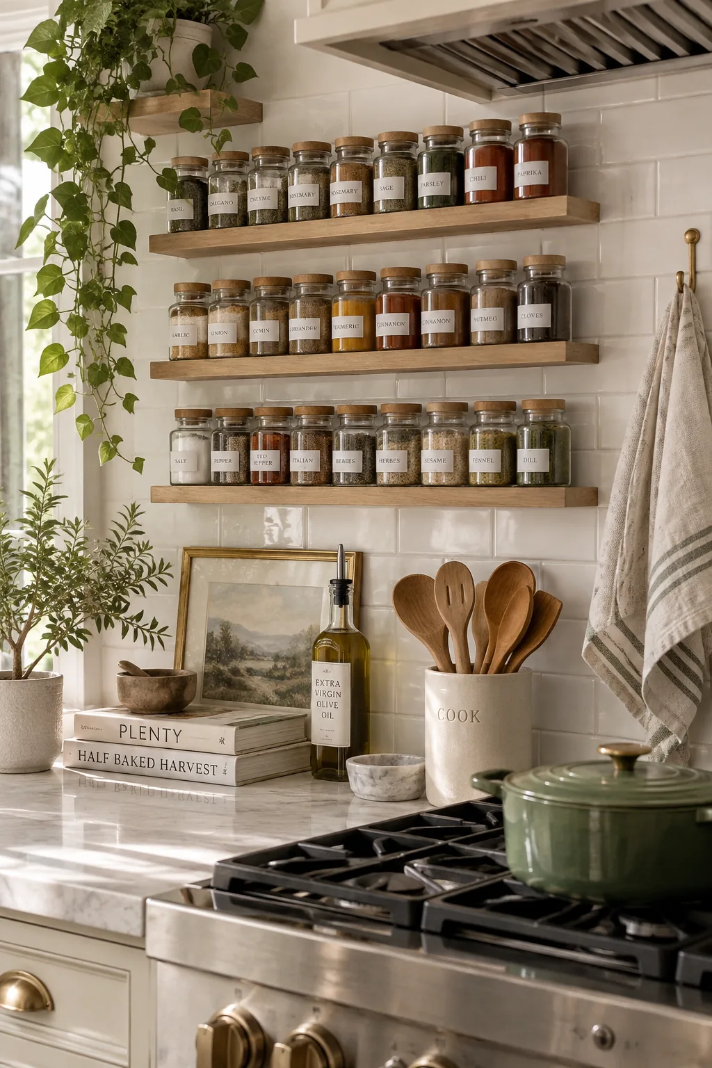 Three wooden picture ledges on a white wall displaying identical glass spice jars