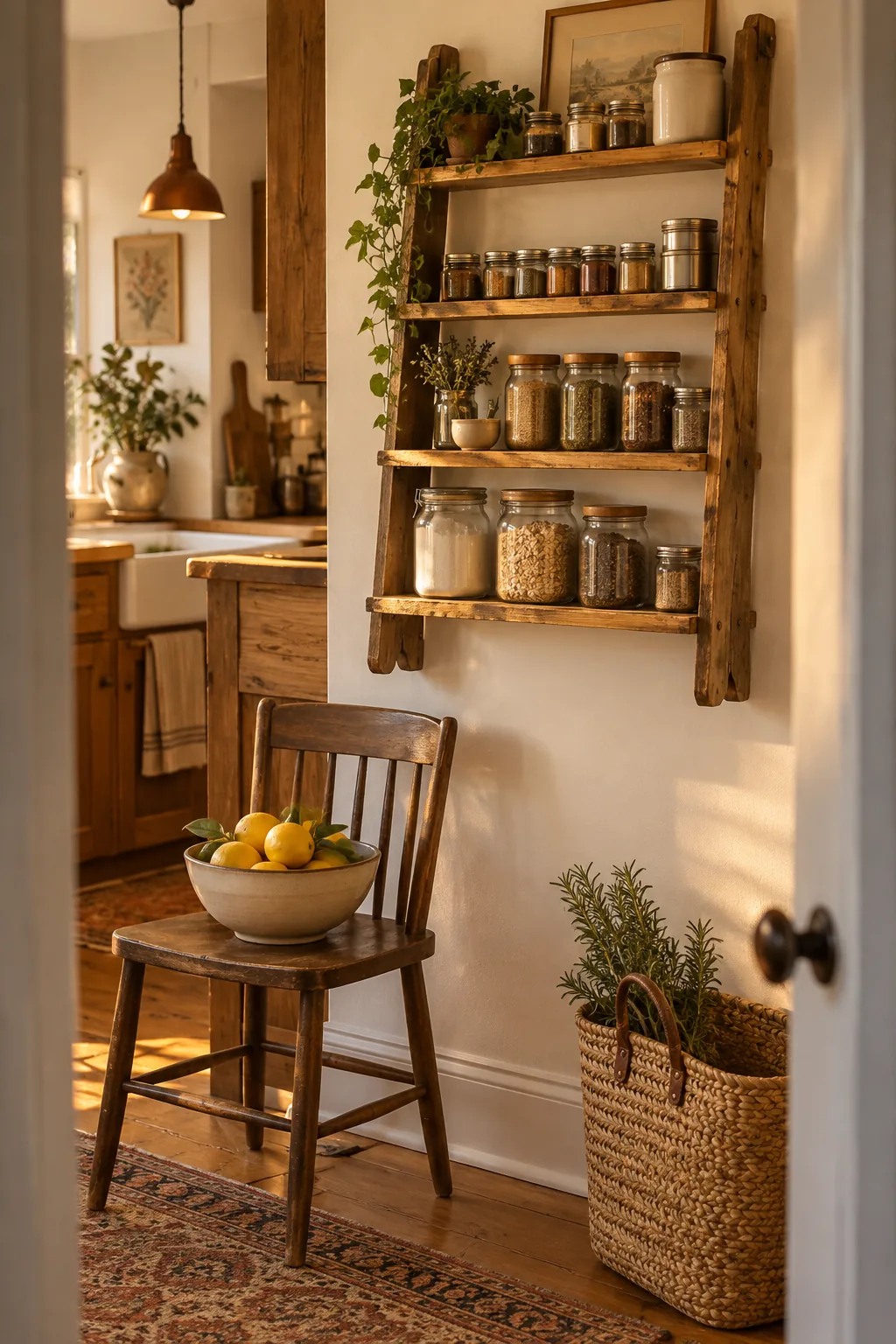 Half of an old wooden ladder mounted to a wall with wooden shelves holding spices