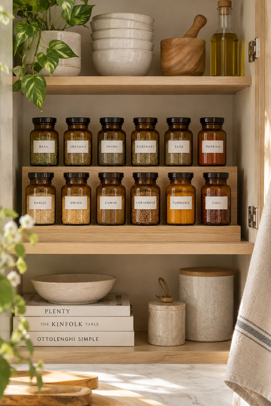 Amber glass jars with handwritten white labels arranged on a wooden cabinet riser