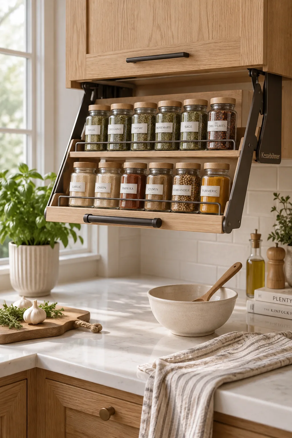 Metal spice rack pulled down from underneath a wooden kitchen cabinet