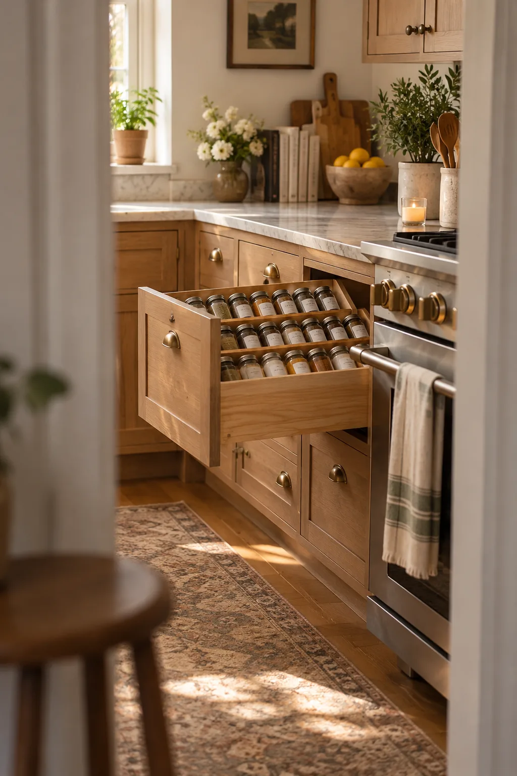 Kitchen drawer pulled open revealing spice jars laying on slanted wooden tiers