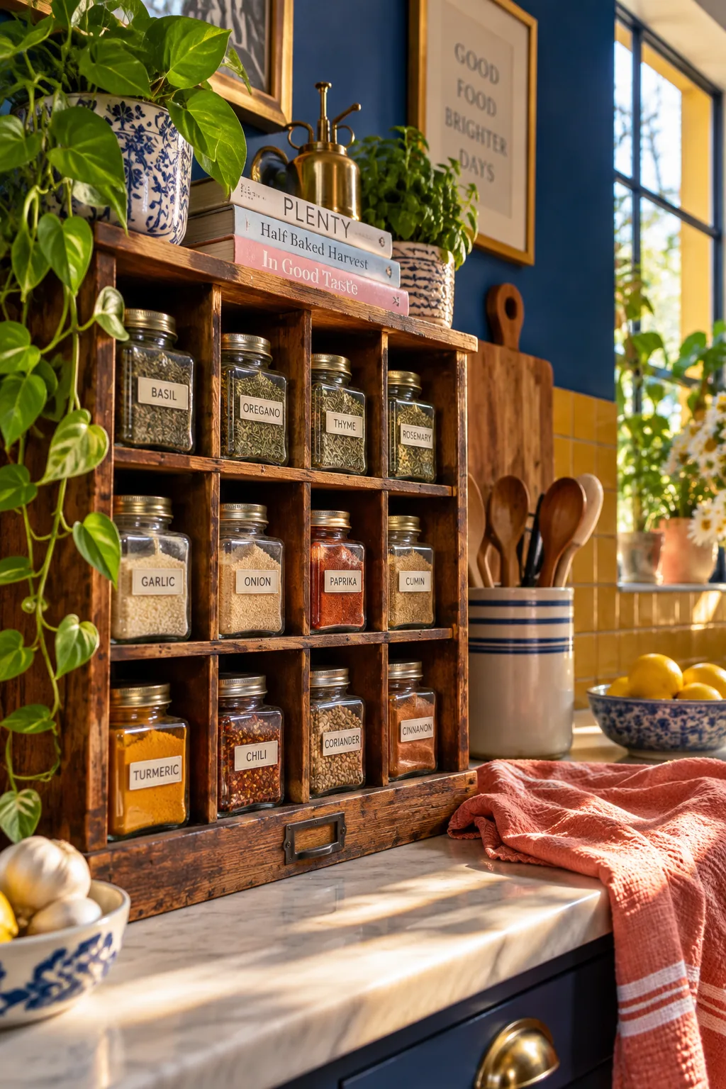 Antique wooden mail sorter on a kitchen counter with spices tucked into the cubbies