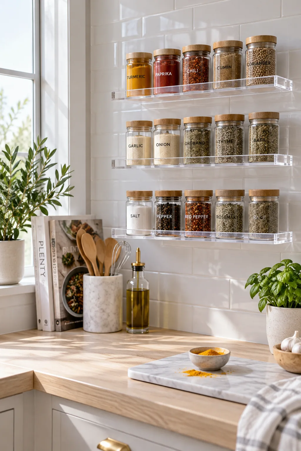 Clear acrylic shelves mounted on a white tile backsplash holding vibrant spices