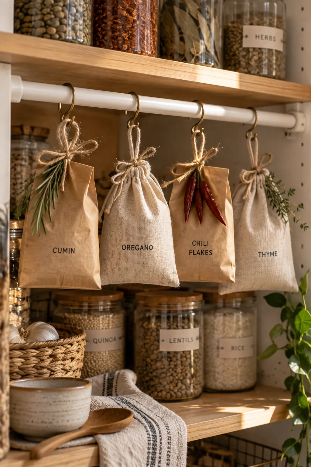 Tension rod inside a pantry with small clips holding bags of bulk spices