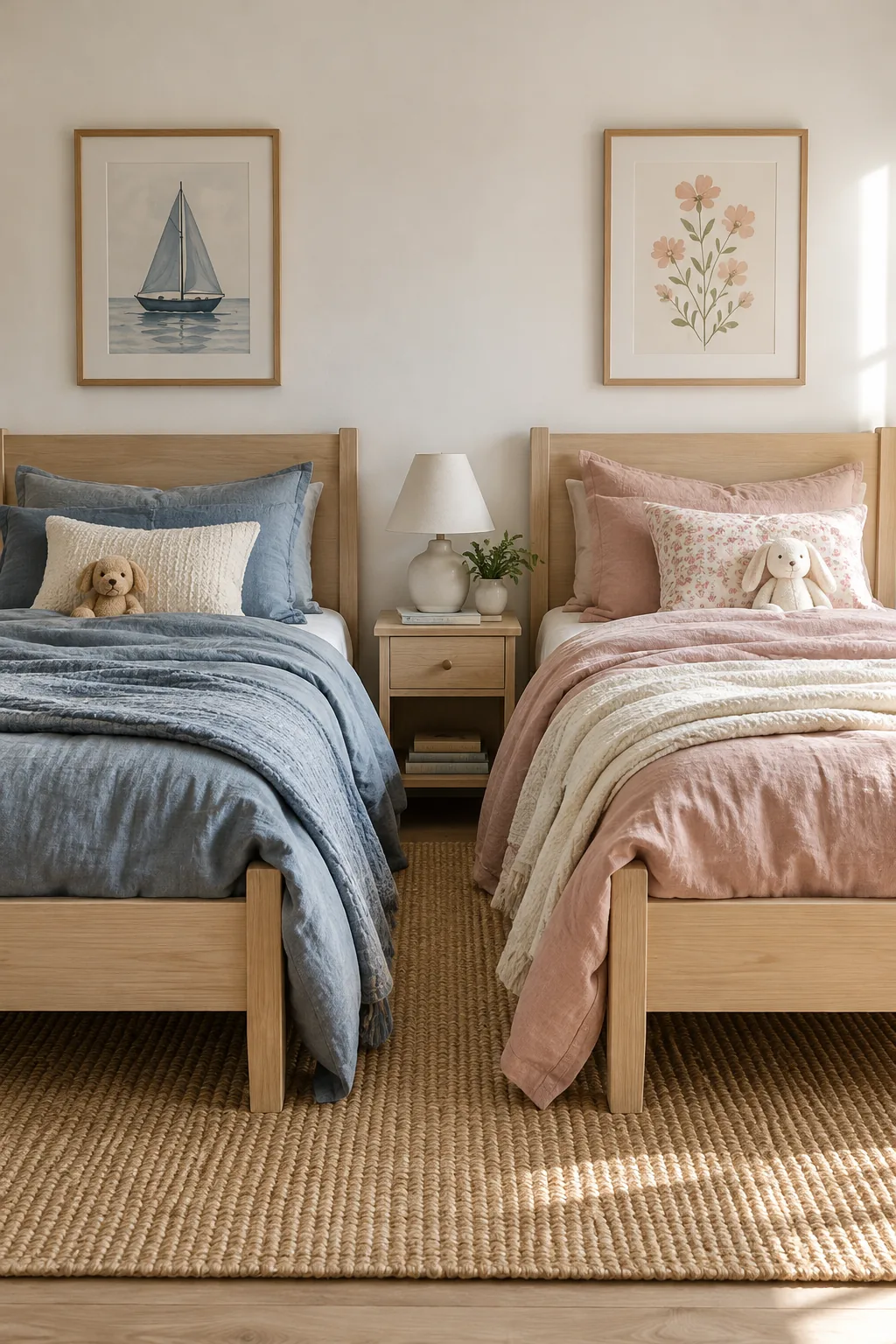 Two identical twin beds in a shared kids bedroom with different colored bedding