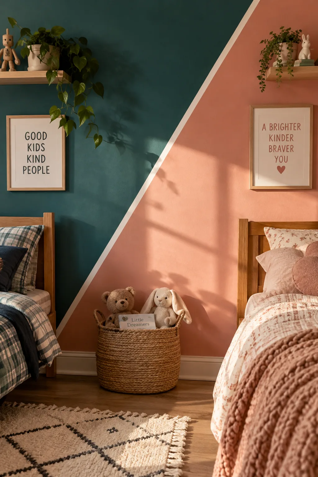 Kids bedroom wall painted diagonally with navy blue on one side and blush pink on the other