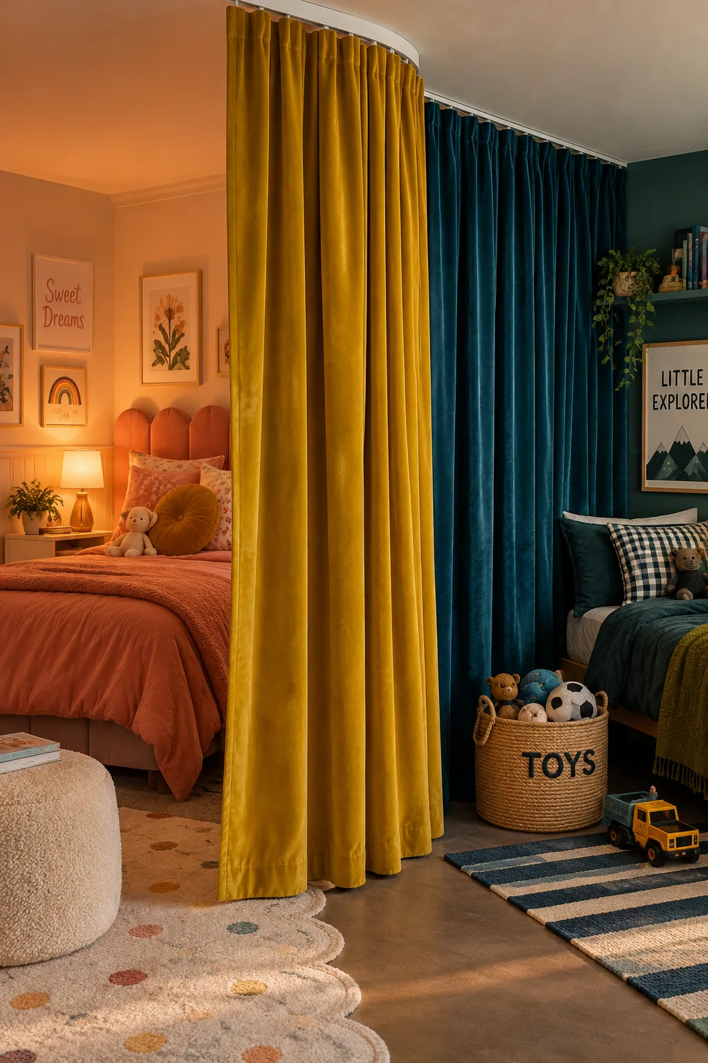 Floor to ceiling velvet curtain dividing a shared kids bedroom in half