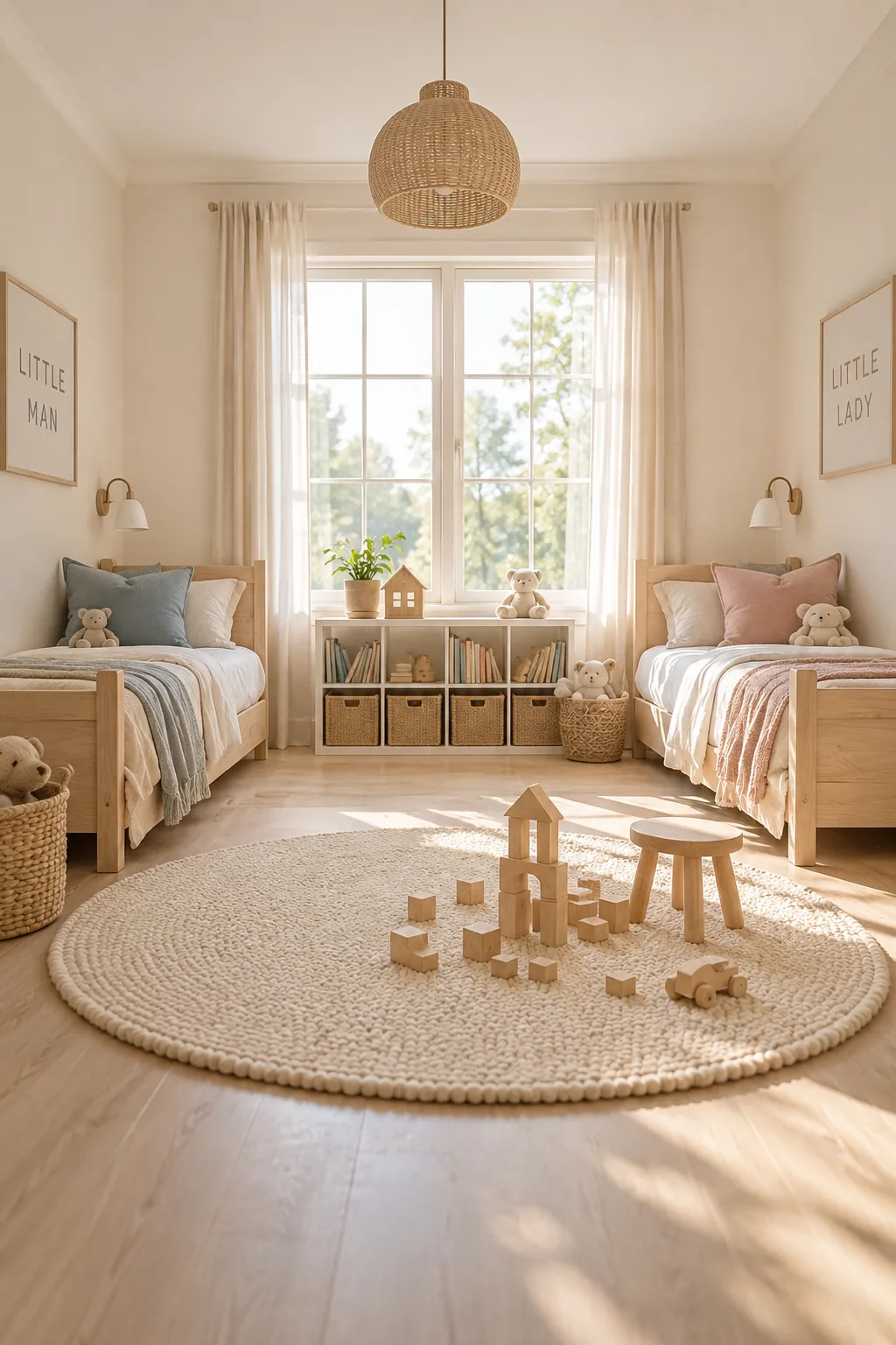 Symmetrical shared bedroom with beds on opposite walls and a large rug in the middle