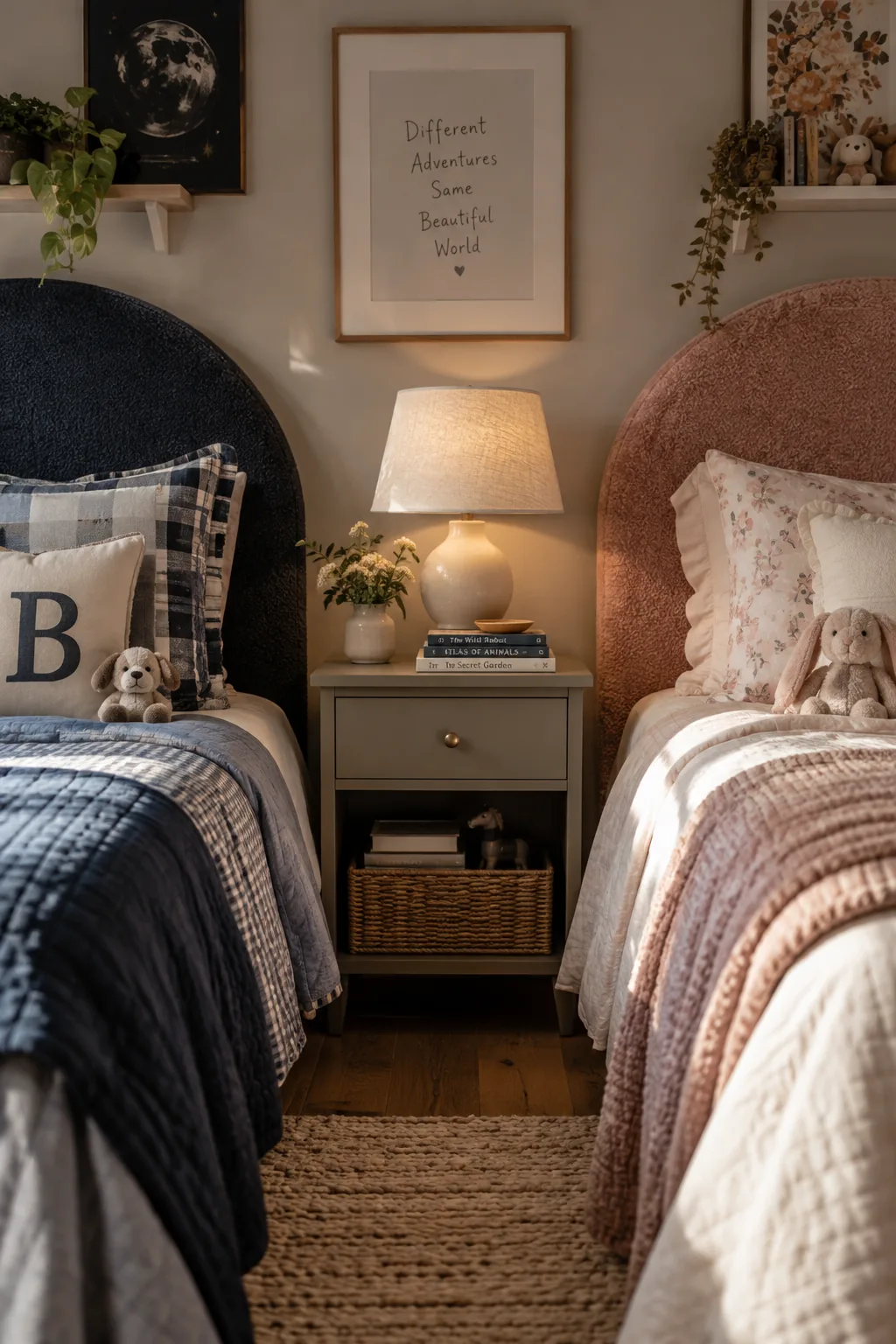 Twin beds with identically shaped headboards upholstered in different patterned fabrics