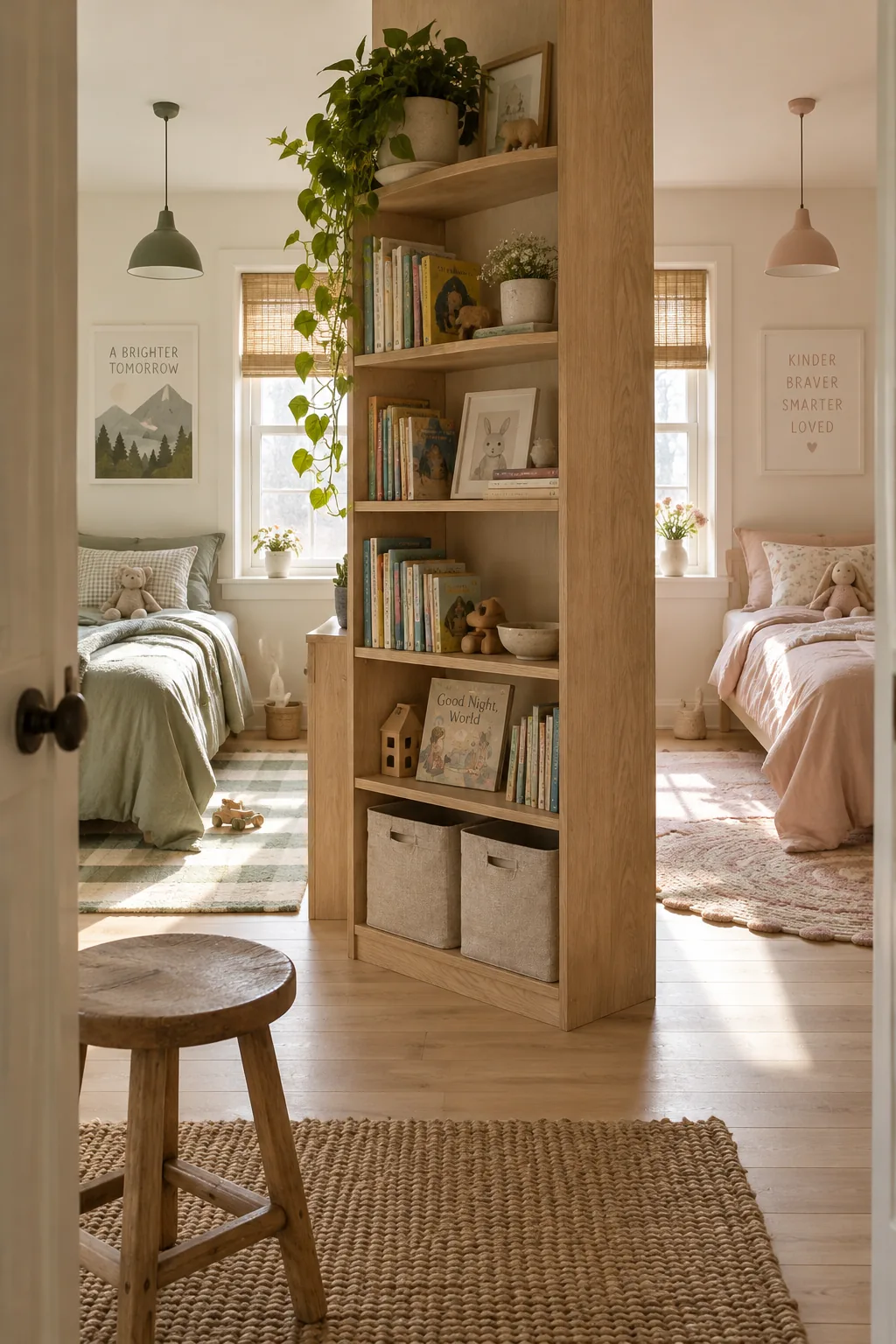 Open back wooden bookcase separating two beds in a kids room
