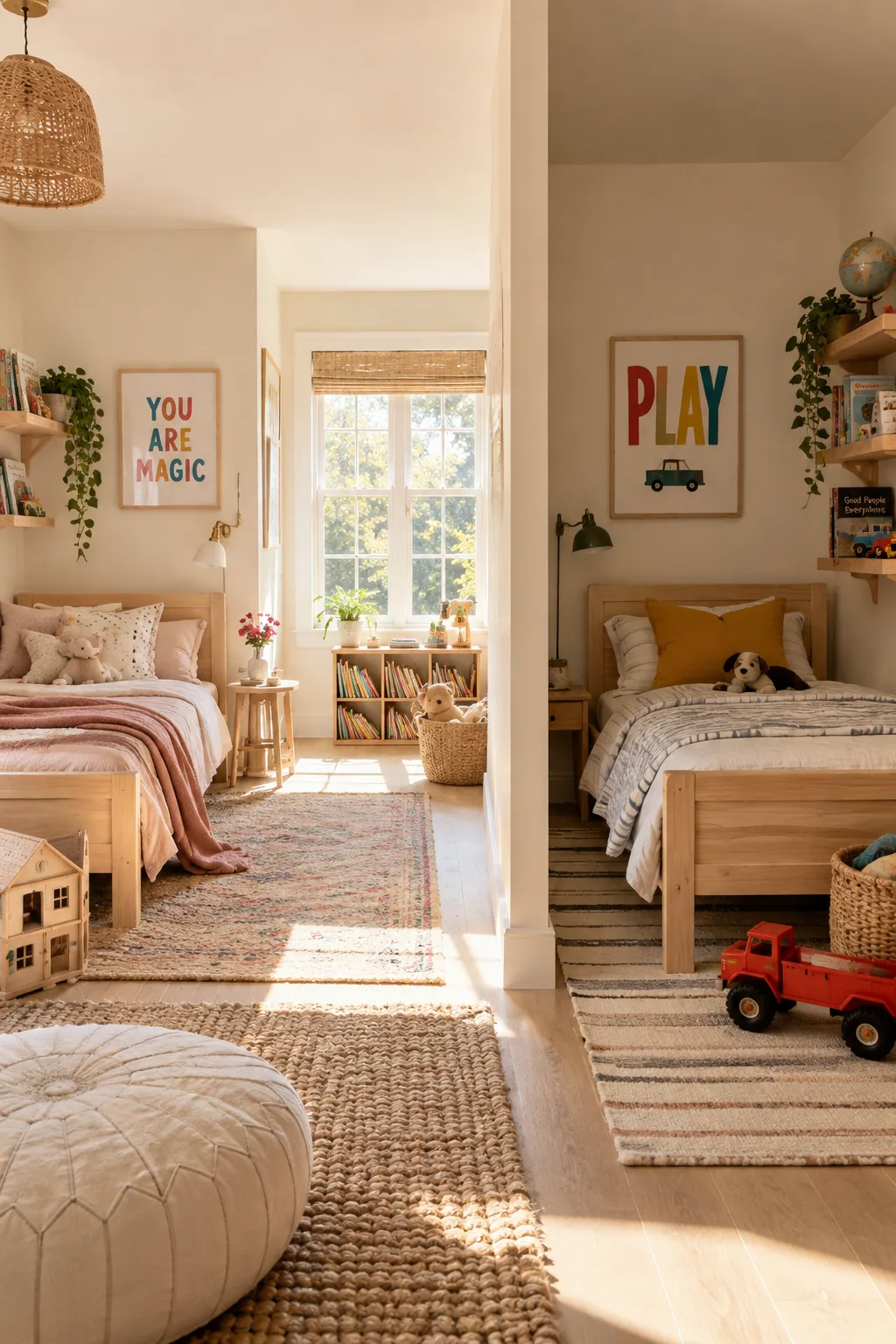 Shared kids bedroom painted in a warm cream color with colorful accents on the beds