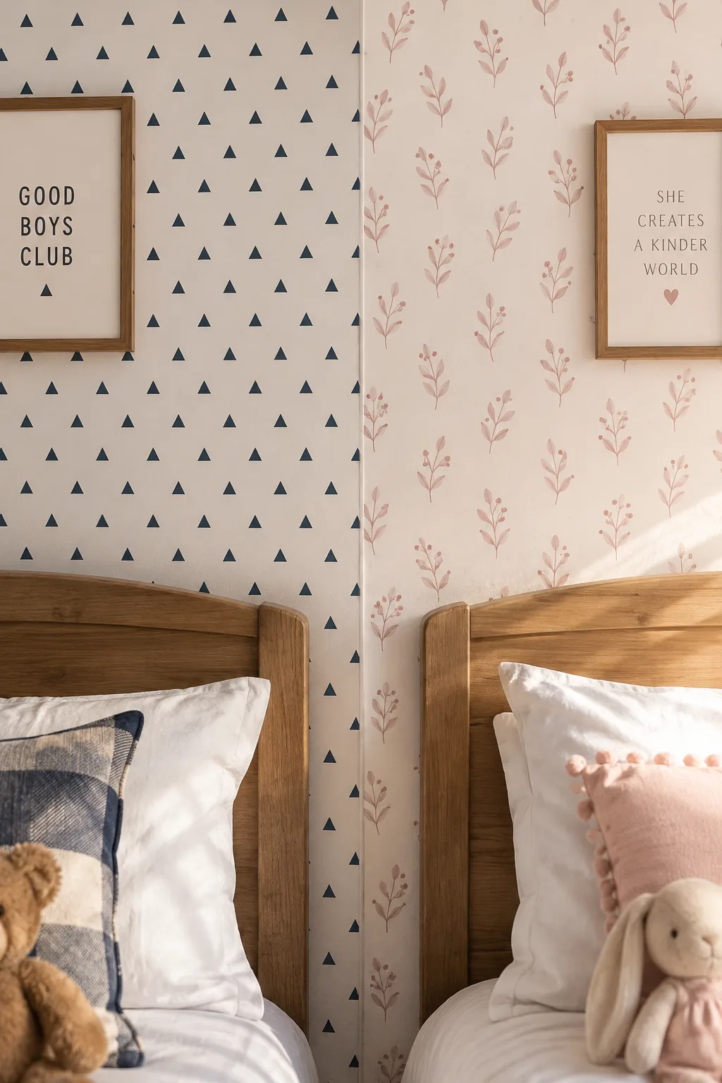 Two beds in a room with different peel and stick wallpaper patterns behind each headboard