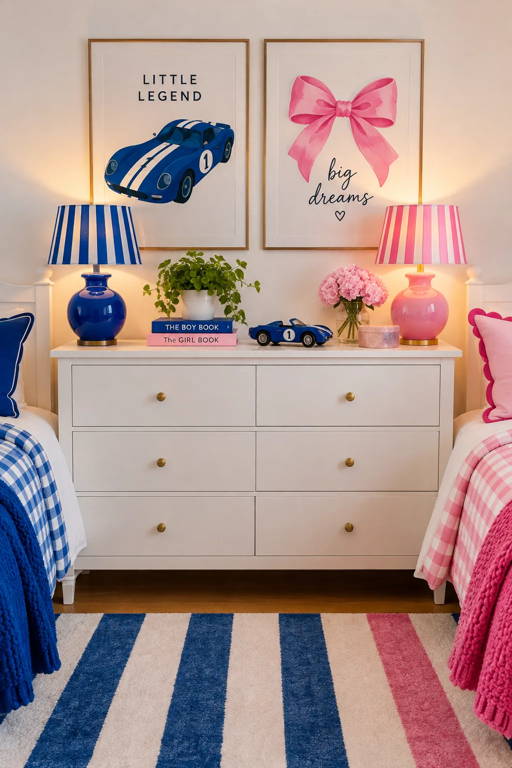 Kids room with white walls featuring mustard yellow accents on one side and sage green on the other