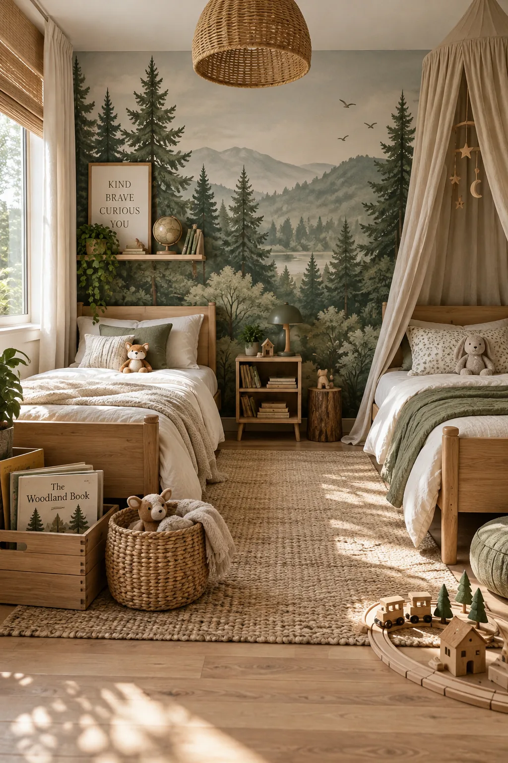 Shared bedroom with a large forest wall mural and natural wood furniture