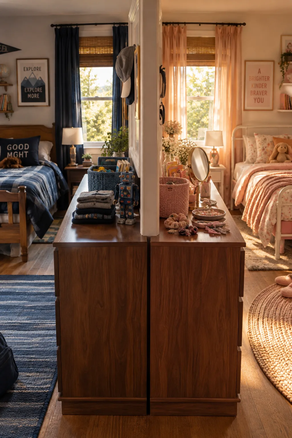 Two matching wooden dressers placed back to back in the middle of a shared bedroom